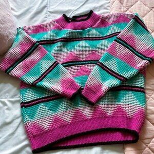 1980s vintage Pandora sweater, hot pink, teal, black